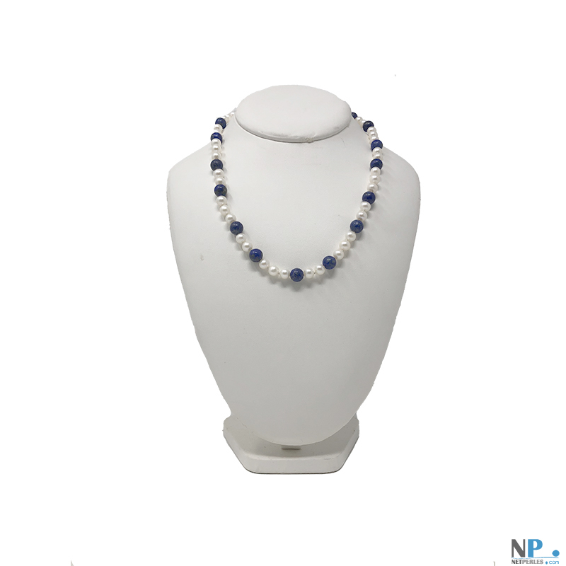 Collier de perles de cultture d'eau douce avec perles lapis lazuli authentiques diamètres 7 à 8,5 mm
